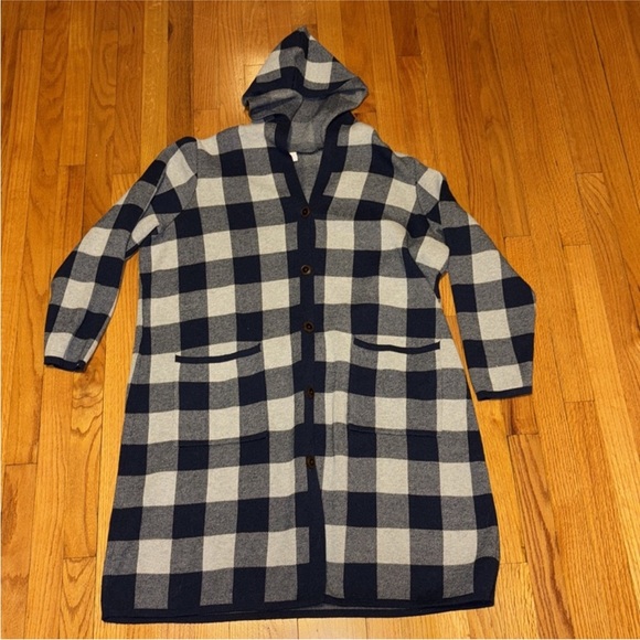 D & Co Jacquard Plaid Open Front Hooded Cardigan Navy Checkered FREE SHIPPING - Picture 10 of 12